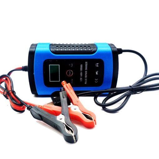 12V 6A smart battery charger with digital display and mode buttons, designed for charging car and motorcycle batteries.