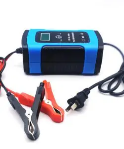 Heavy-duty alligator clamps with insulated grips securely attached to a vehicle battery for safe and efficient charging.