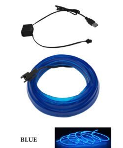 Blue USB-powered LED strip light installed in vehicle footwell