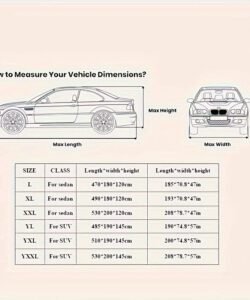 Portable waterproof and UV-resistant car cover fully protecting a sedan vehicle size chart