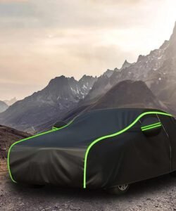 Portable waterproof and UV-resistant car cover fully protecting a sedan vehicle