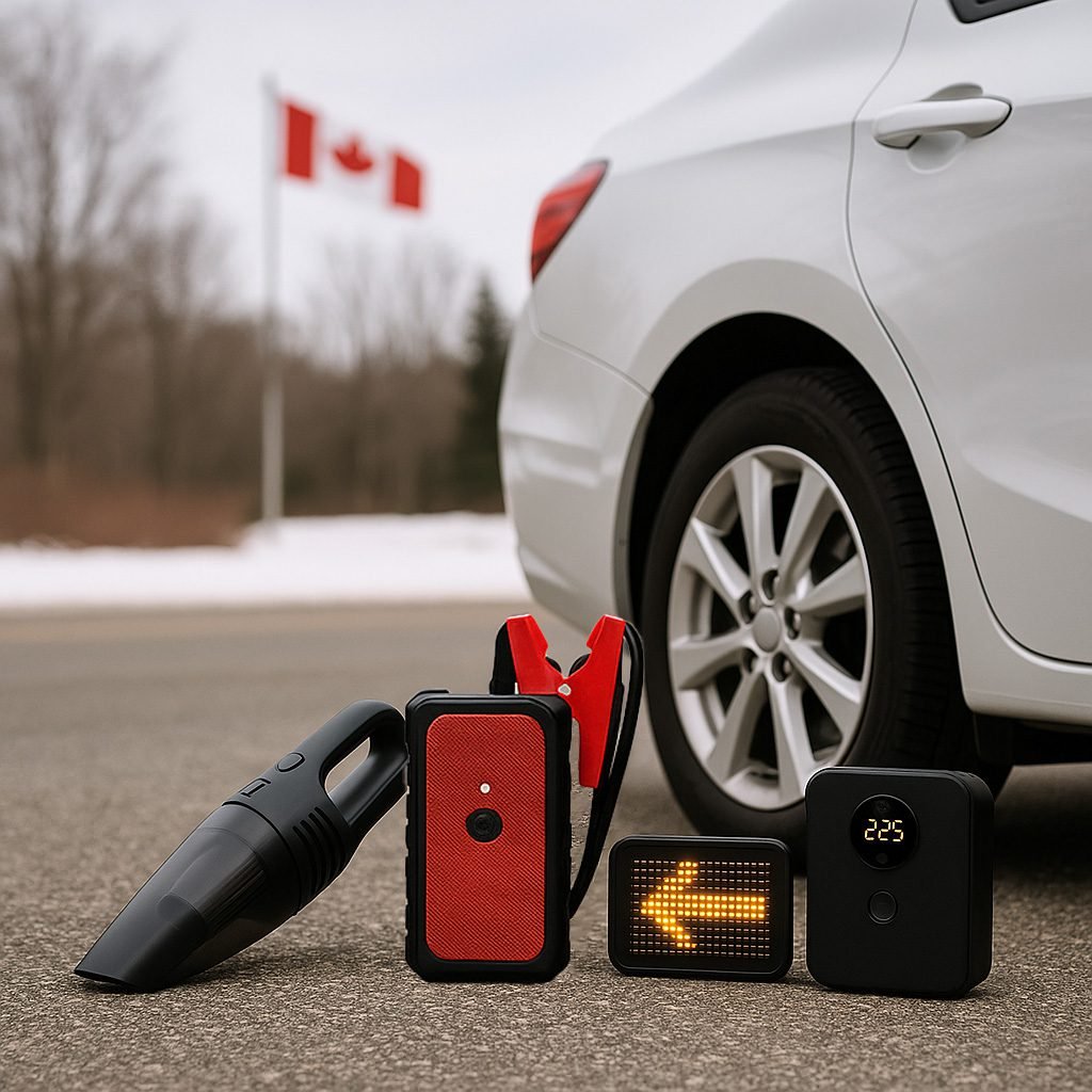 Canadian car accessories including a jump starter, handheld vacuum, tire inflator, and LED display shown beside a modern white car with a Canadian flag in the background.